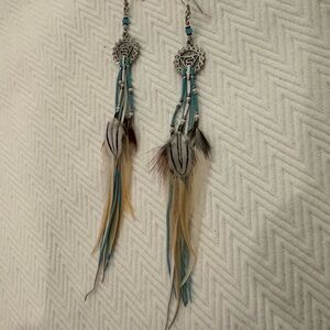 From Ibiza Turquoise Feather Drop Earrings - Boho Women Jewelry